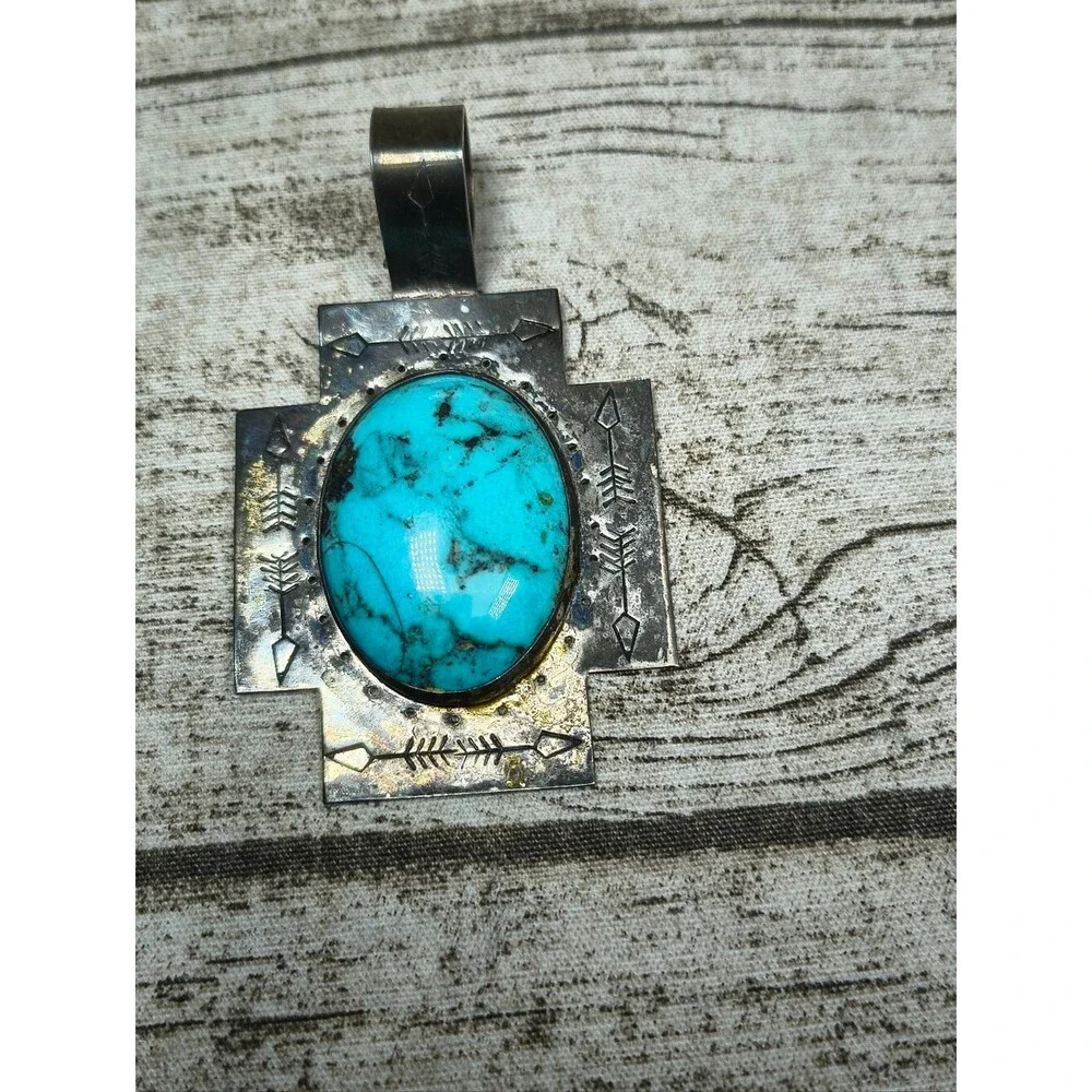 Native American Navajo Silver 925 And Turquoise Large Pendant